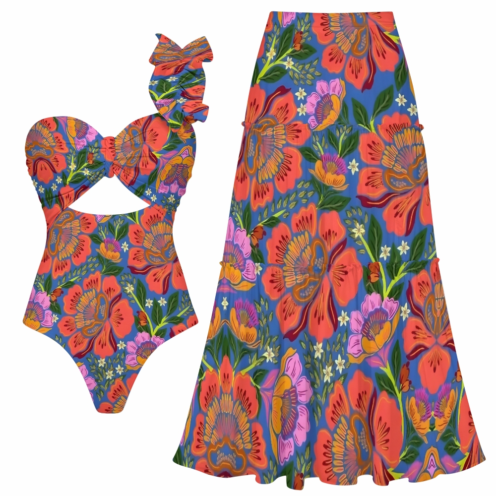 Tropical Print One Shoulder Cut Out One Piece Swimsuit with Tiered Maxi Skirt