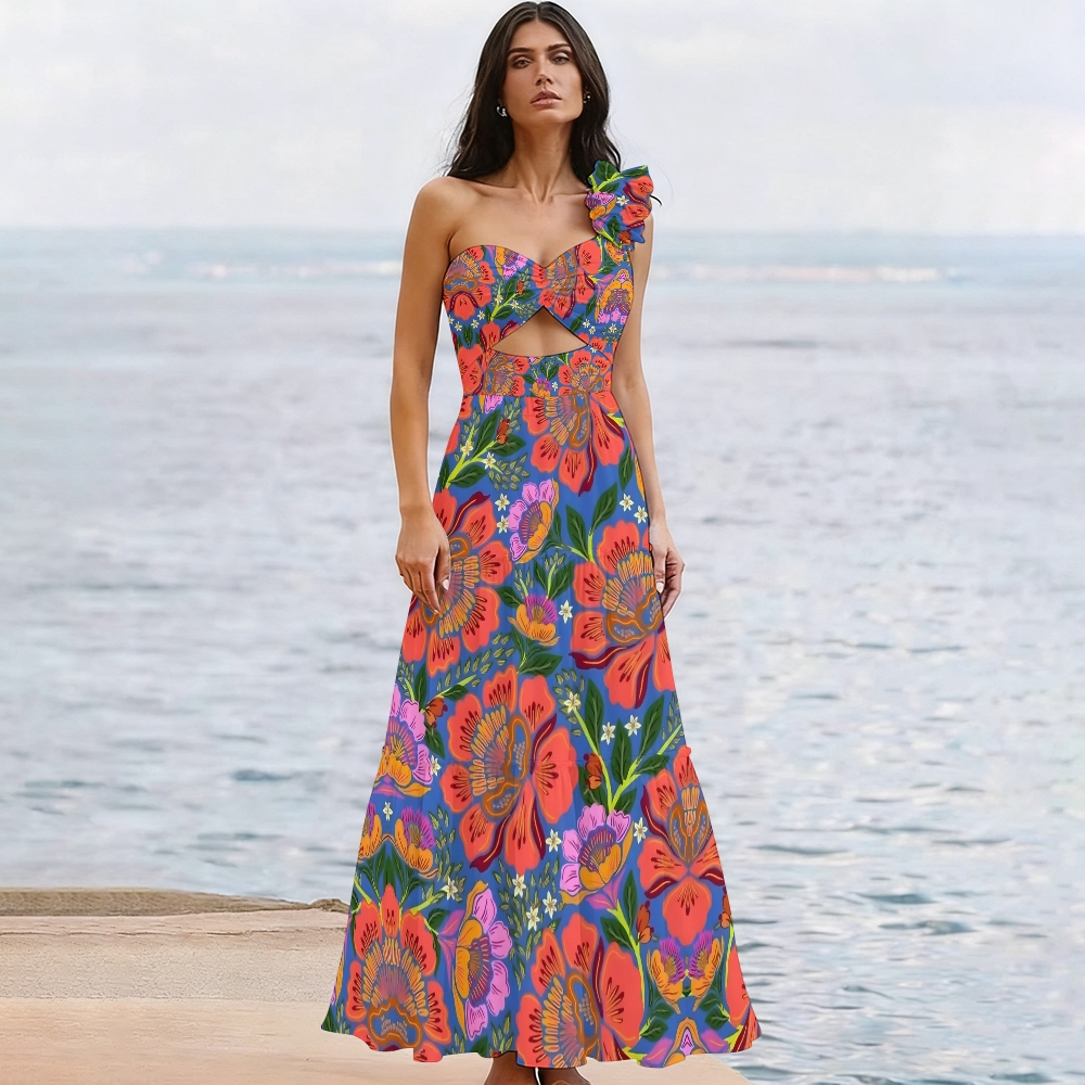 Tropical Print One Shoulder Cut Out One Piece Swimsuit with Tiered Maxi Skirt