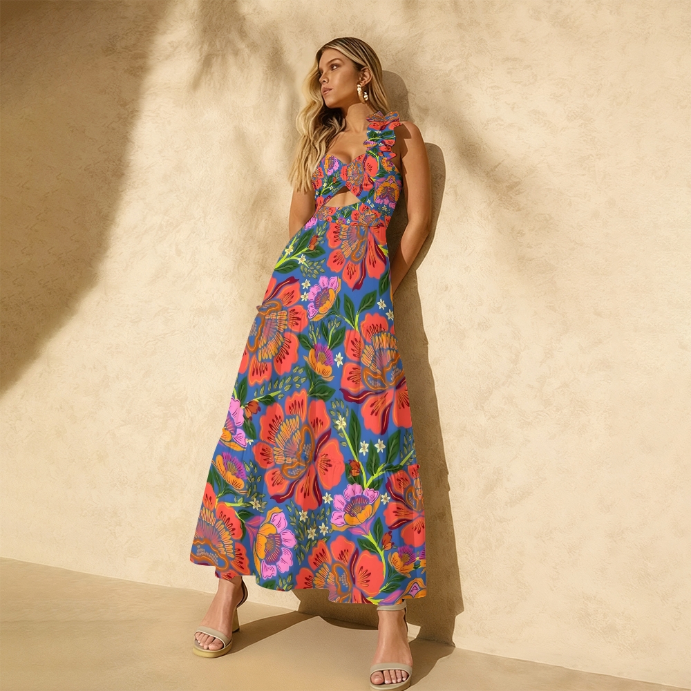 Tropical Print One Shoulder Cut Out One Piece Swimsuit with Tiered Maxi Skirt