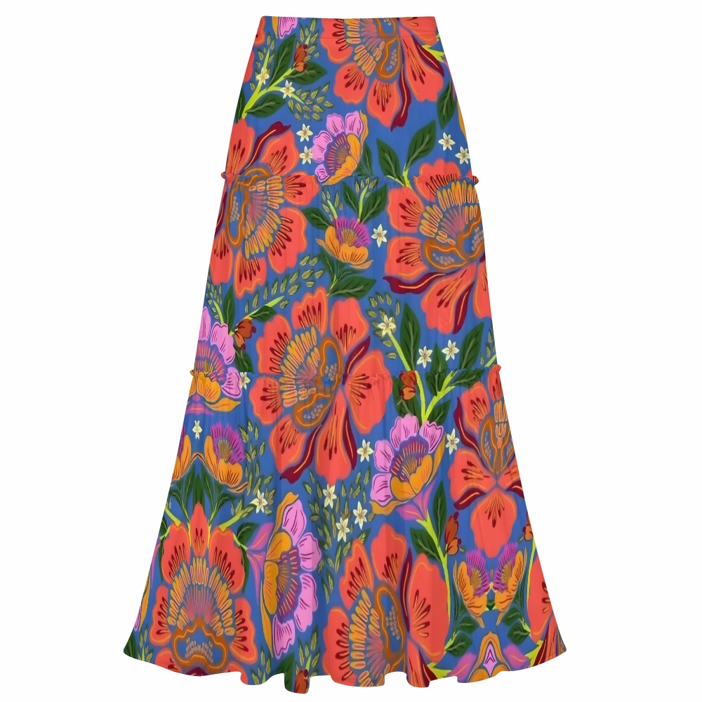 Tropical Print One Shoulder Cut Out One Piece Swimsuit with Tiered Maxi Skirt