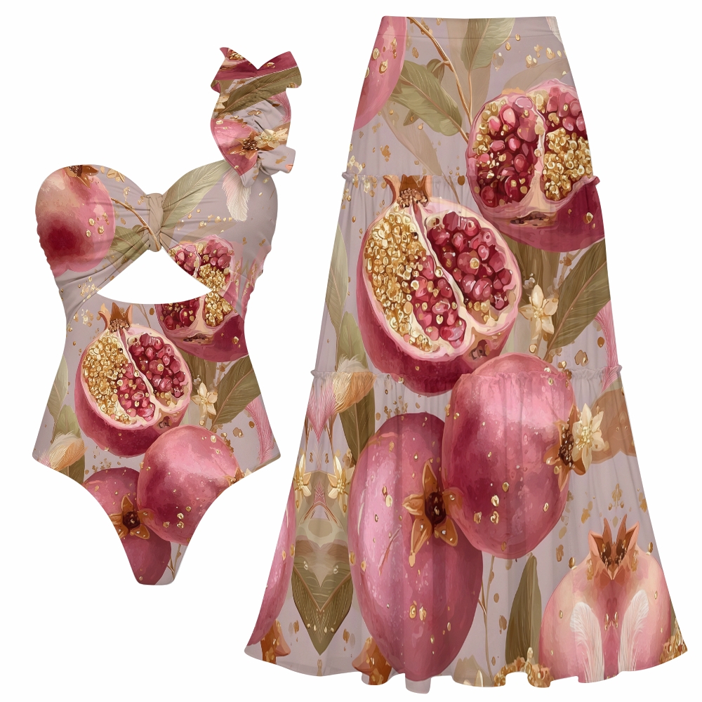 Pomegranate Print One Shoulder Cut-Out One-Piece Swimsuit and Tiered Skirt Set