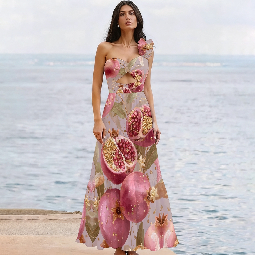 Pomegranate Print One Shoulder Cut-Out One-Piece Swimsuit and Tiered Skirt Set