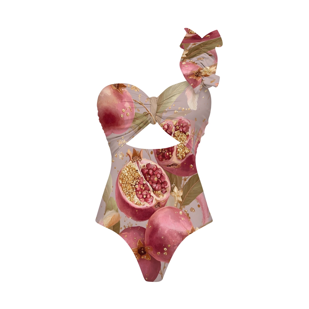 Pomegranate Print One Shoulder Cut-Out One-Piece Swimsuit and Tiered Skirt Set