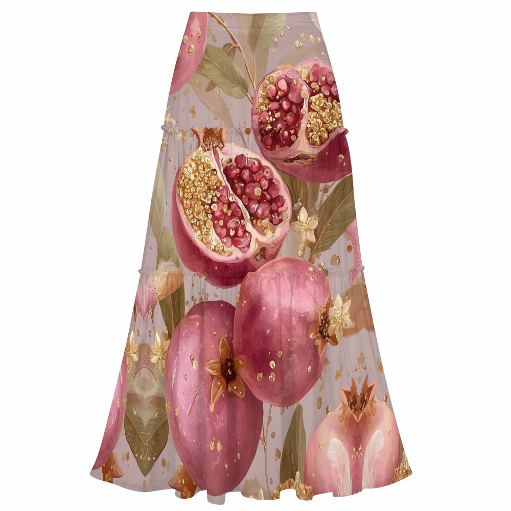 Pomegranate Print One Shoulder Cut-Out One-Piece Swimsuit and Tiered Skirt Set