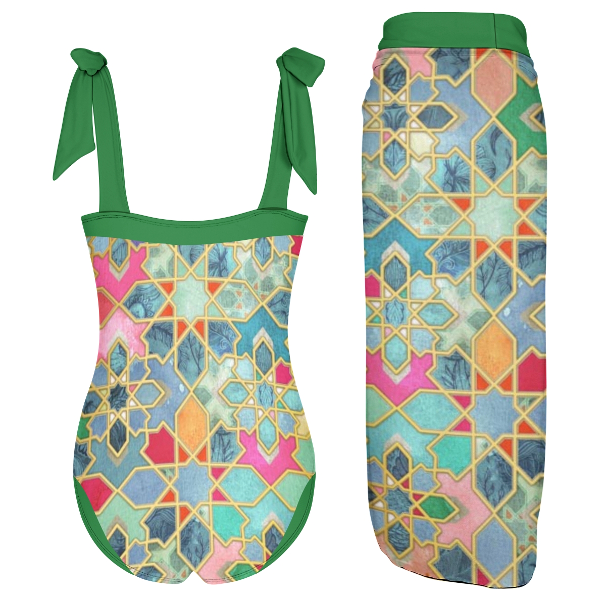 Women's Islamic Geometric Print One Piece Swimsuit with Matching Sarong Skirt