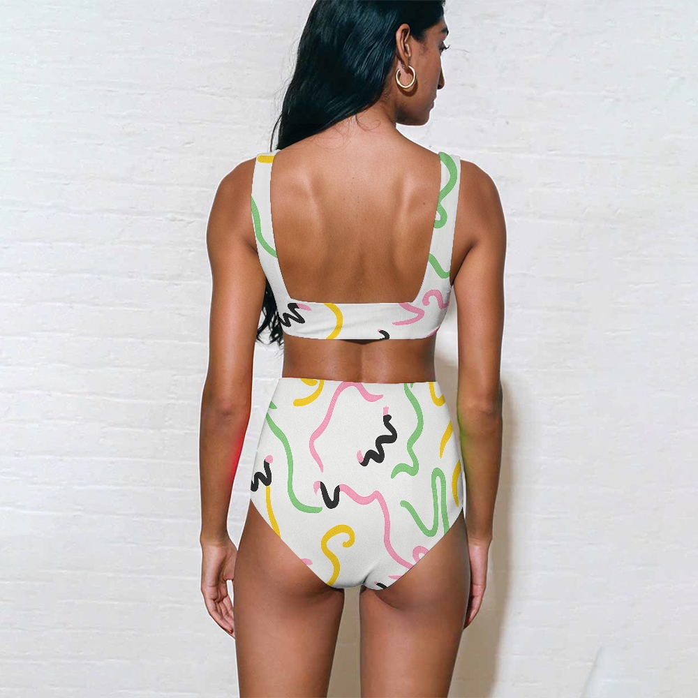 Women's wave-colored cartoon-style one-piece swimsuit and matching sarong skirt set