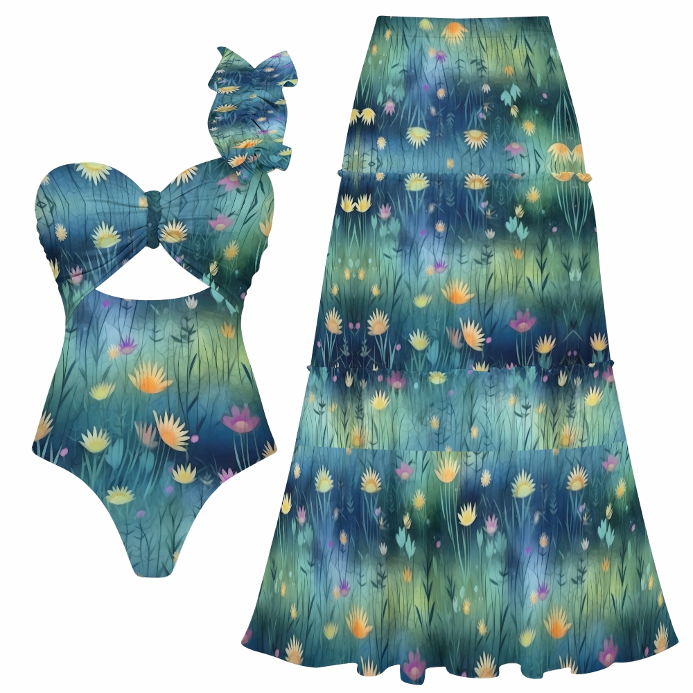 Women's Twilight Meadows Pattern One-Piece Swimsuit and Matching Maxi Skirt