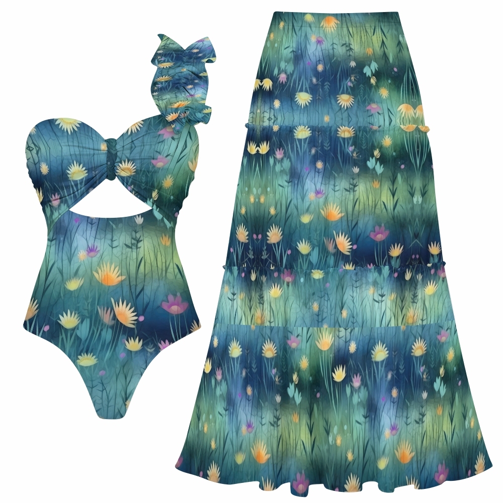 Women's Twilight Meadows Pattern One-Piece Swimsuit and Matching Maxi