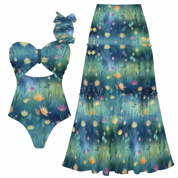 Women's Twilight Meadows Pattern One-Piece Swimsuit and Matching Maxi Skirt
