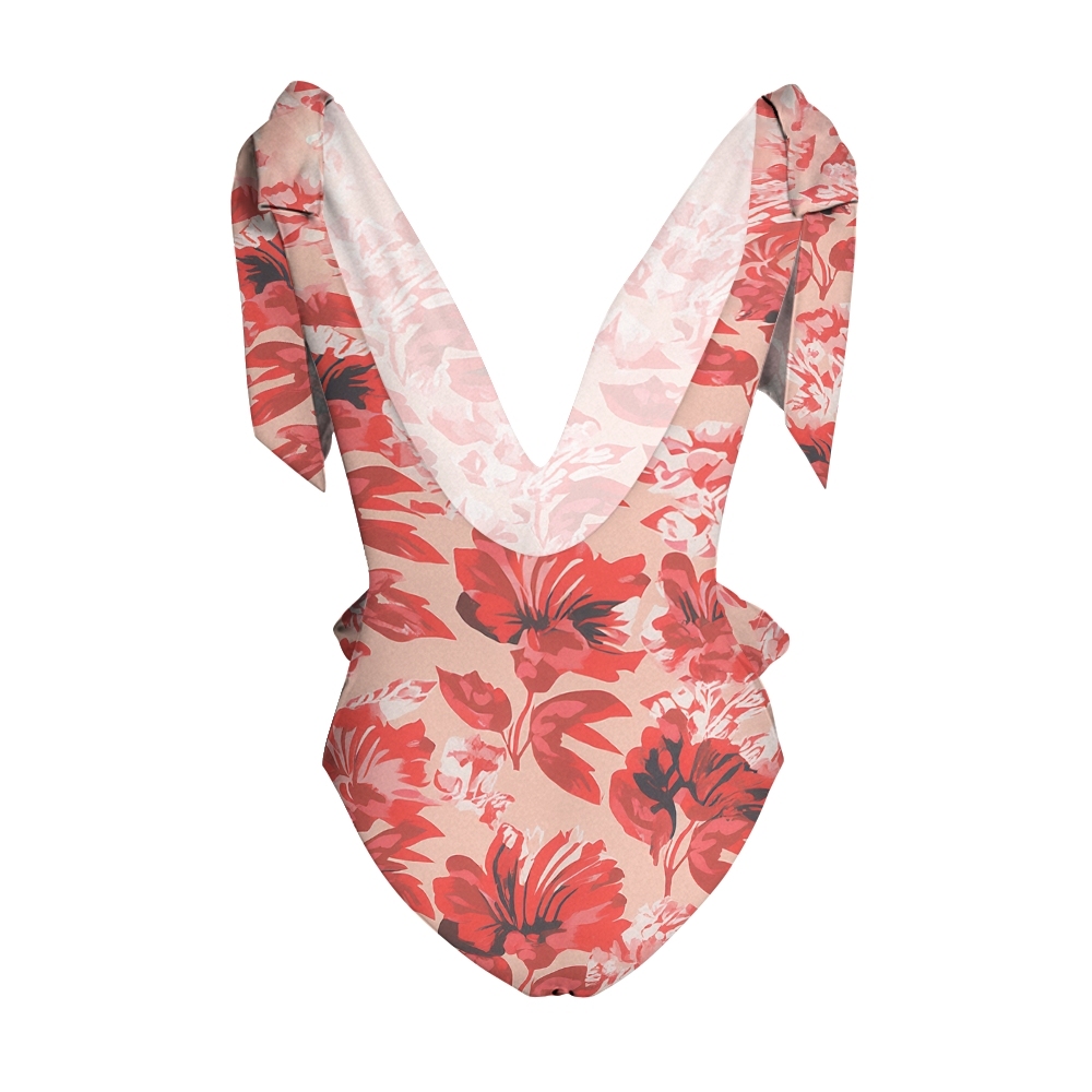 Floral Print Tie Shoulder Straps One Piece Swimsuit and Matching Sarong Skirt