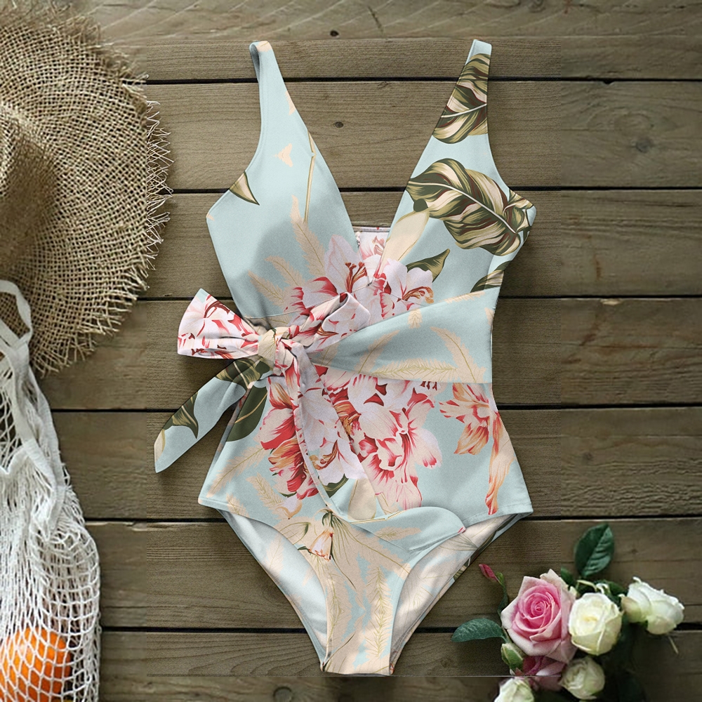 Women's Floral V-Neck Bow Tie Waist One-Piece Swimsuit