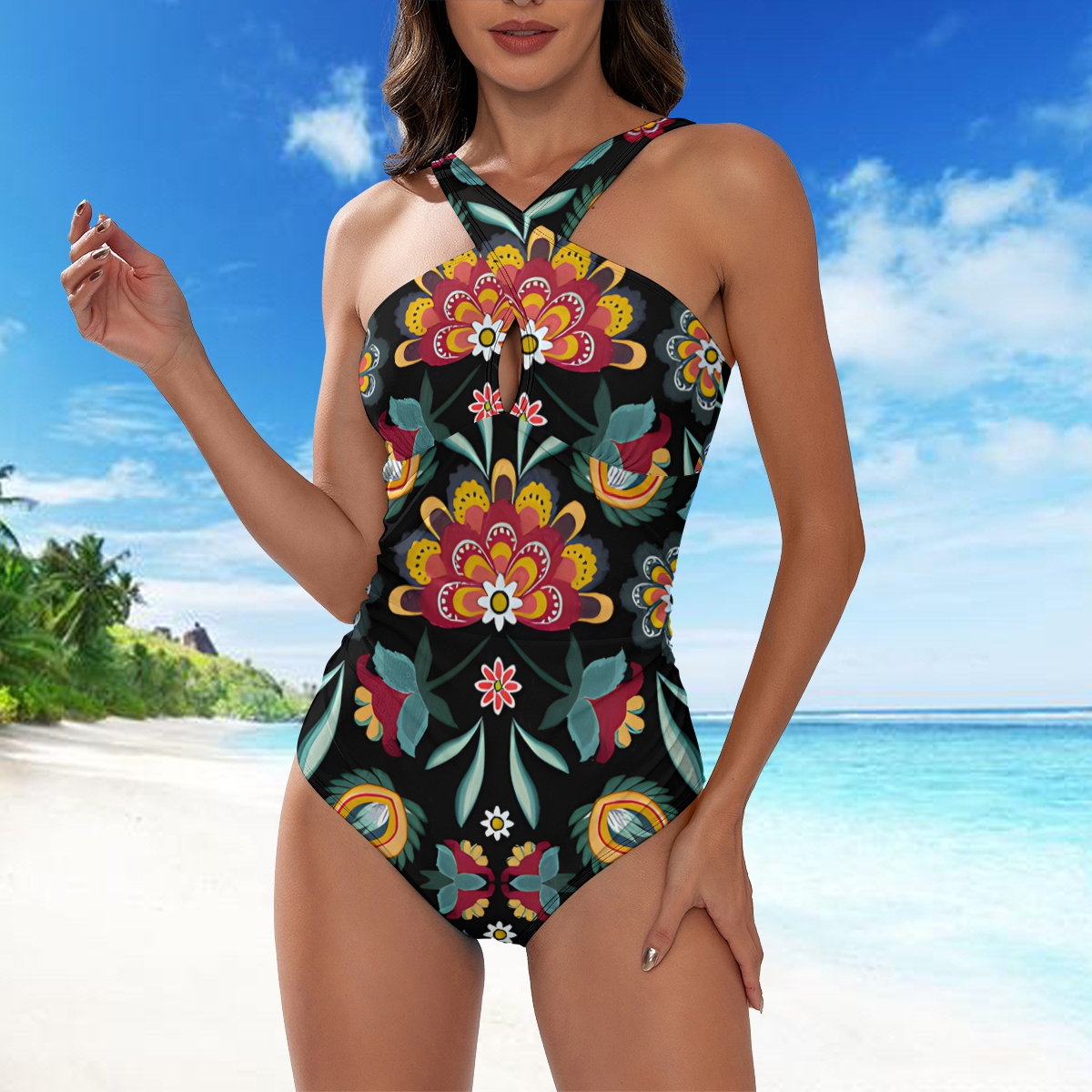 Women's Floral Crisscross Back One-Piece Swimsuit with Matching Sarong Skirt