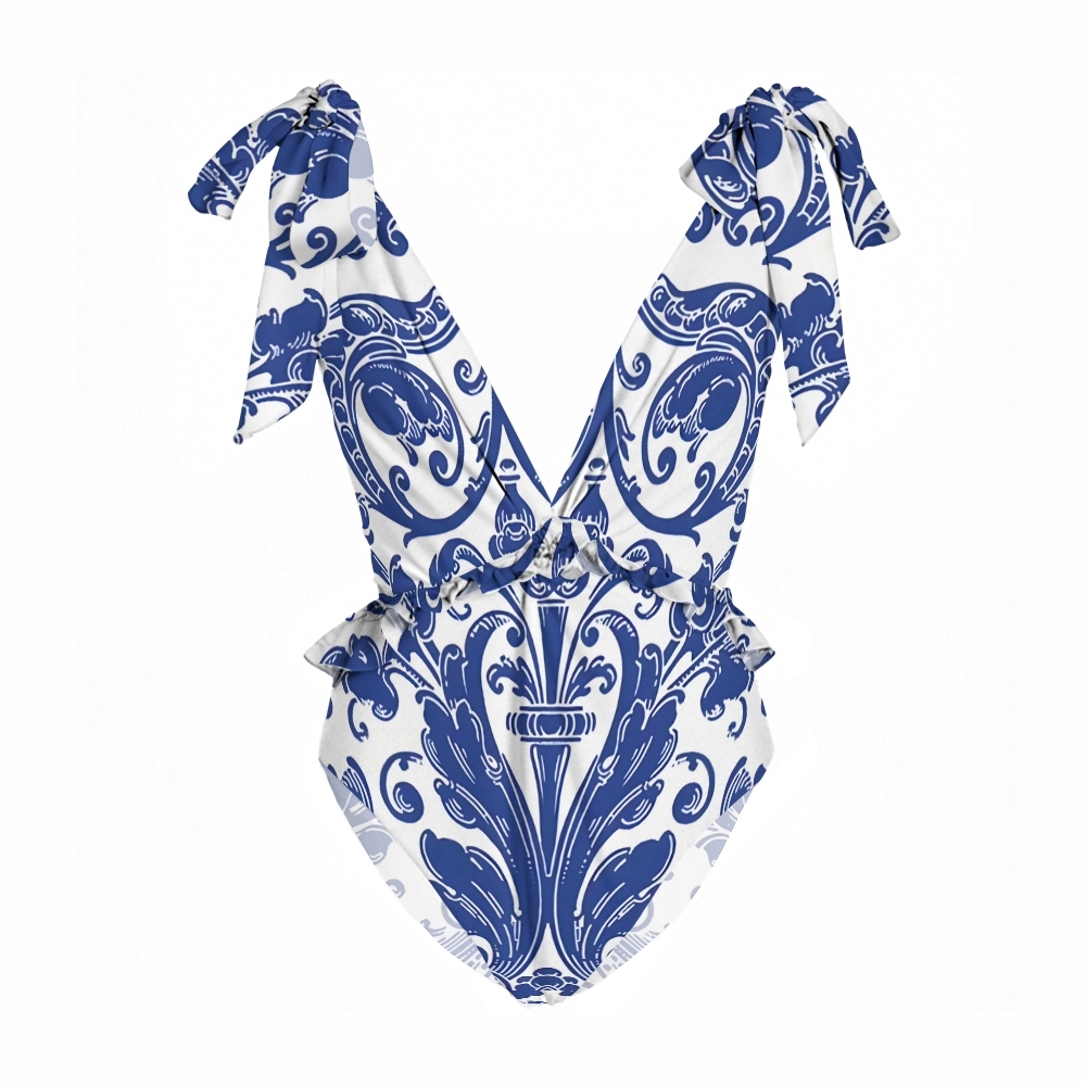 Women's Baroque V-Neck One-Piece Swimsuit with Sarong Skirt