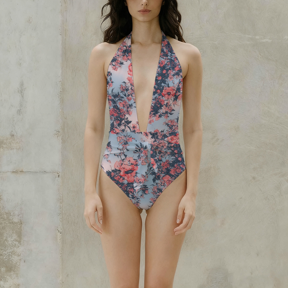 Tropical Floral Halter One-Piece Swimsuit with Scenic Print Pants Set