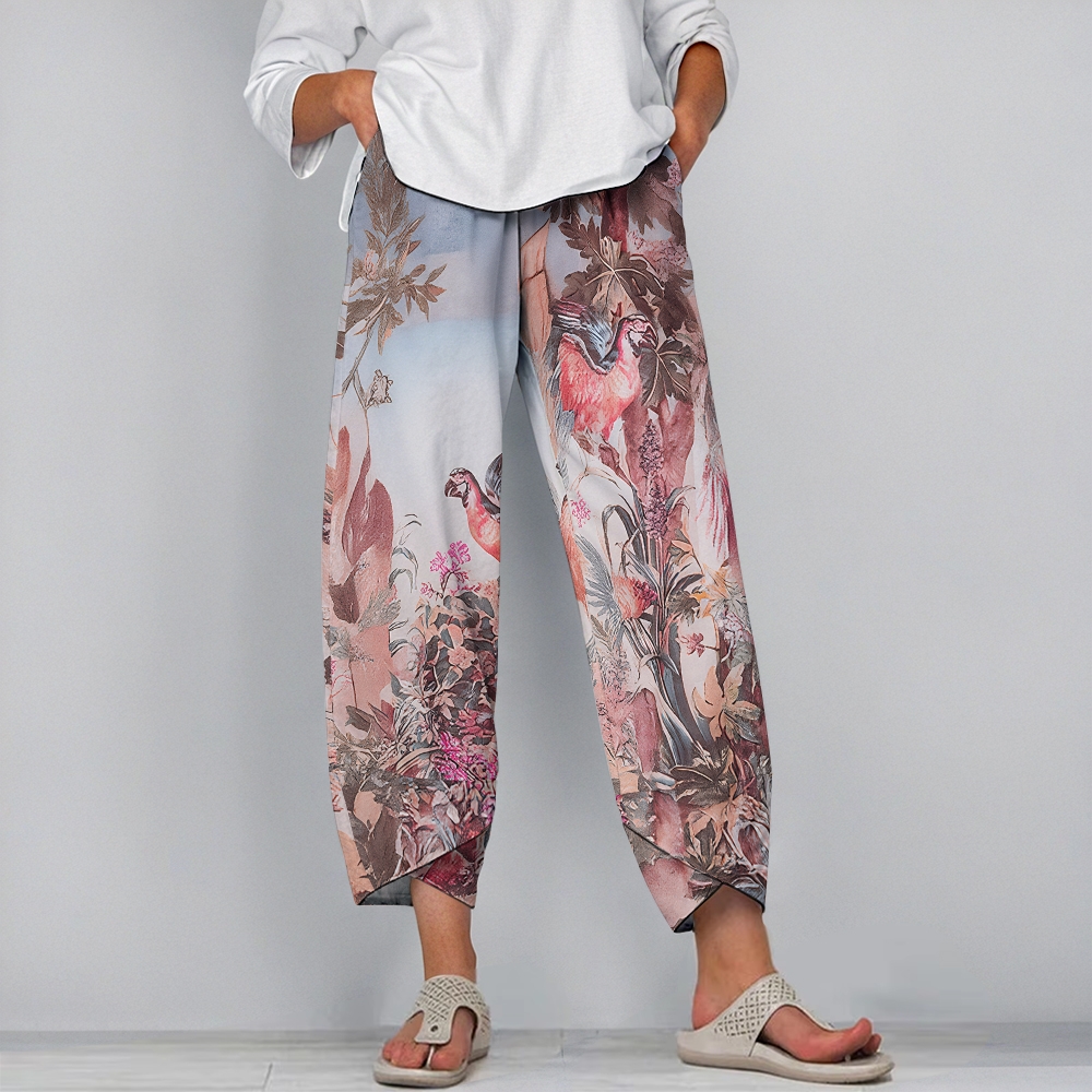 Tropical Floral Halter One-Piece Swimsuit with Scenic Print Pants Set