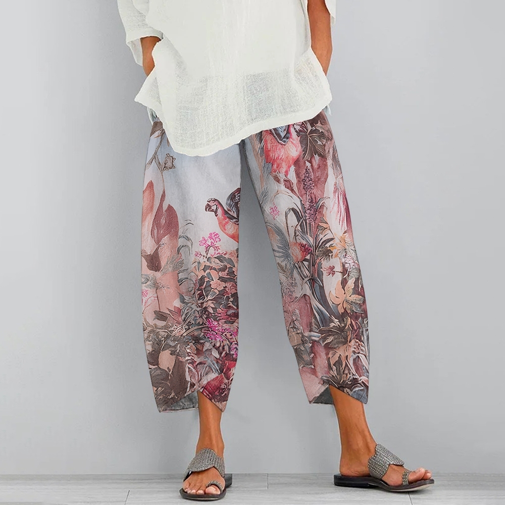 Tropical Floral Halter One-Piece Swimsuit with Scenic Print Pants Set