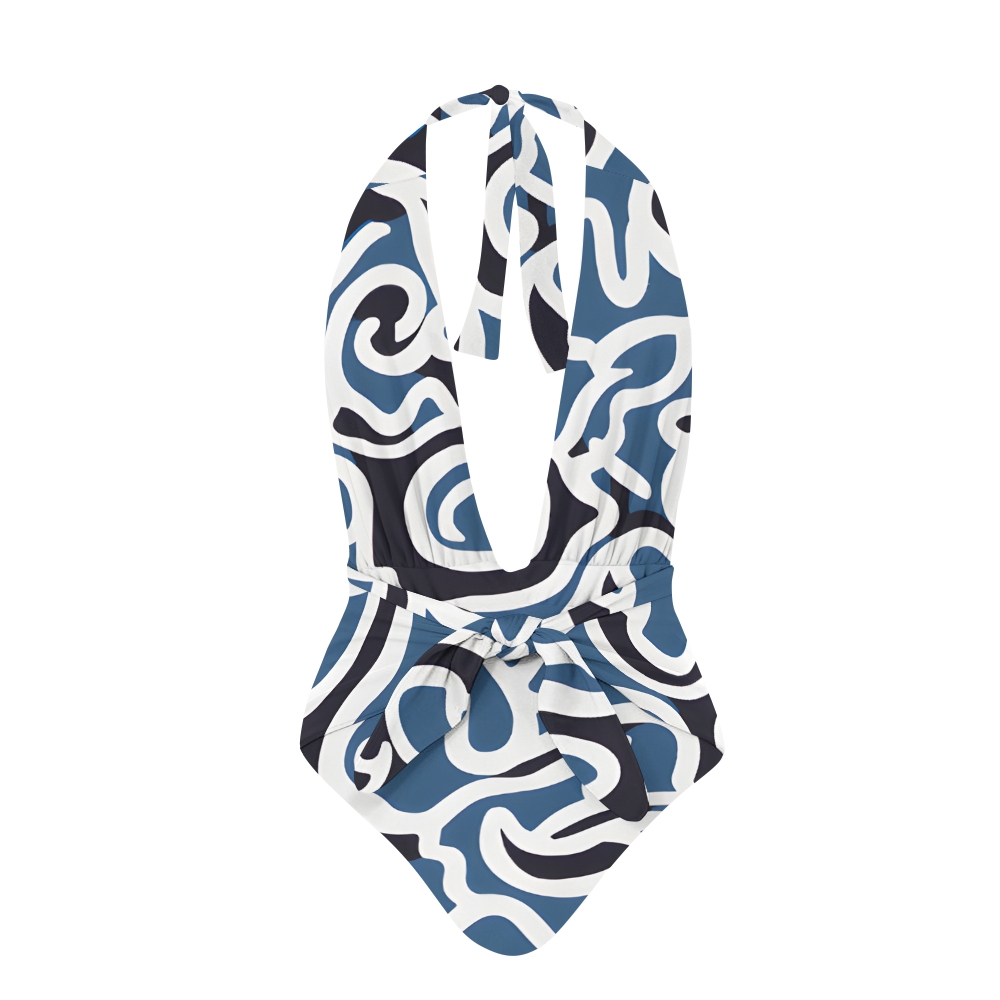 Abstract Print Plunge Neck One-Piece Swimsuit with Matching Sarong Skirt