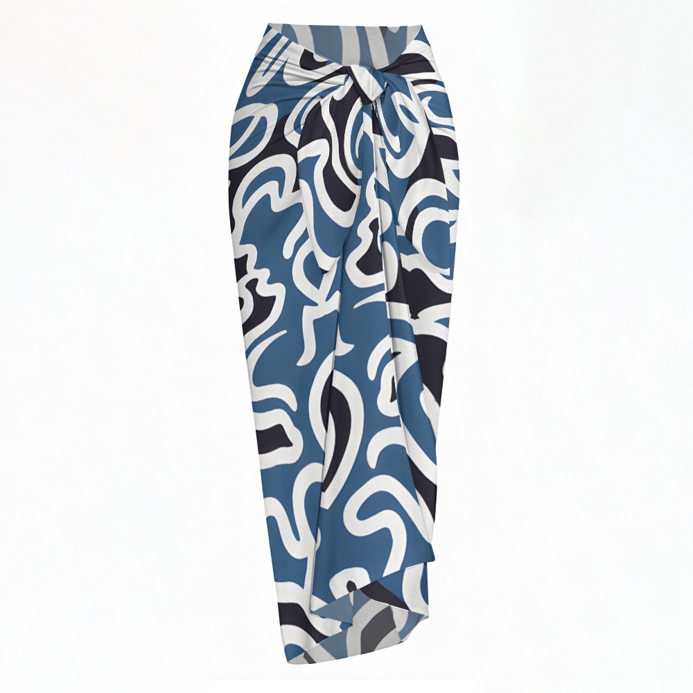Abstract Print Plunge Neck One-Piece Swimsuit with Matching Sarong Skirt