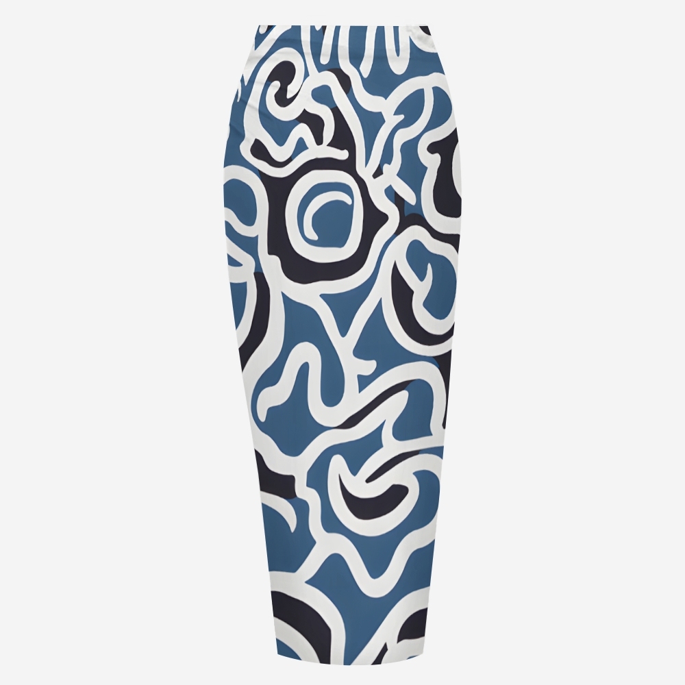 Abstract Print Plunge Neck One-Piece Swimsuit with Matching Sarong Skirt