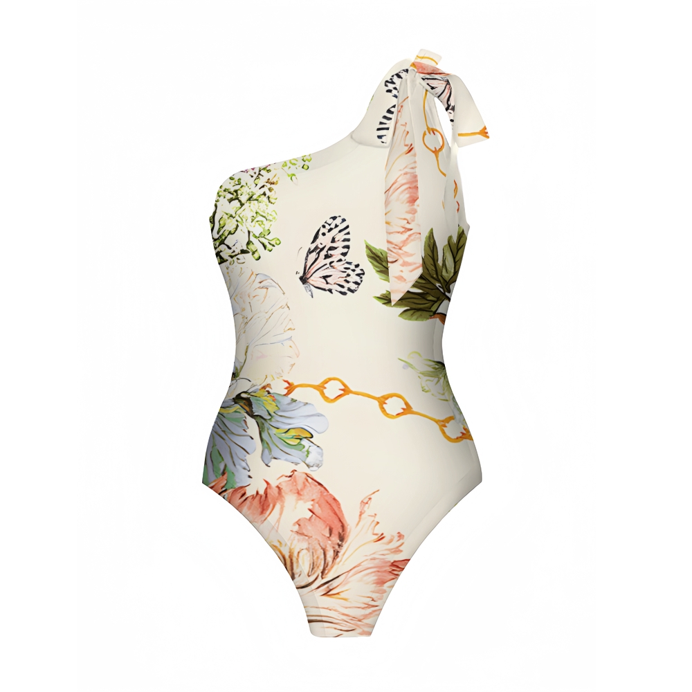 Floral Butterfly One-Shoulder One-Piece Swimsuit with Matching Sarong Skirt