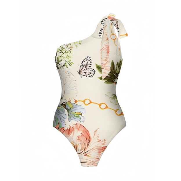 Floral Butterfly One-Shoulder One-Piece Swimsuit with Matching Sarong Skirt