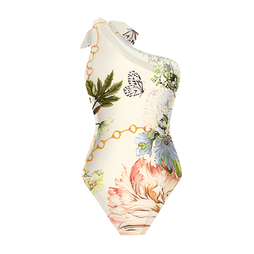 Floral Butterfly One-Shoulder One-Piece Swimsuit with Matching Sarong Skirt