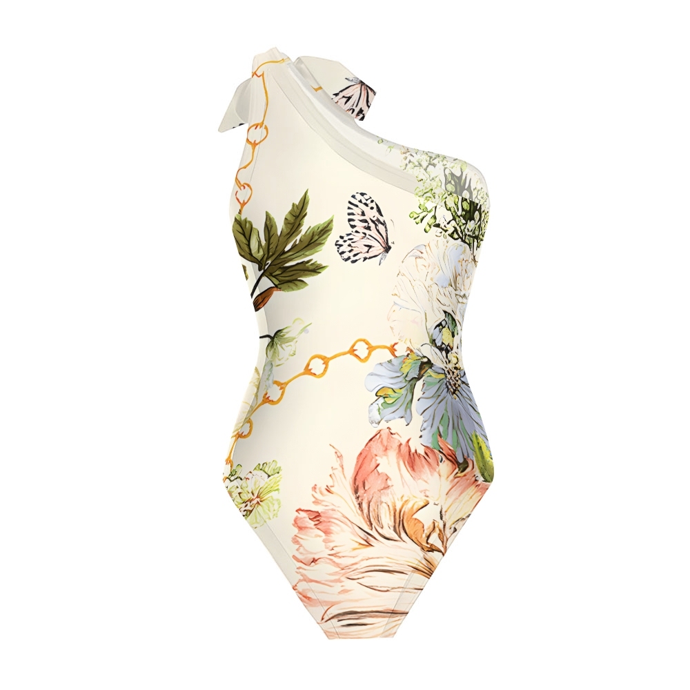 Floral Butterfly One-Shoulder One-Piece Swimsuit with Matching Sarong Skirt