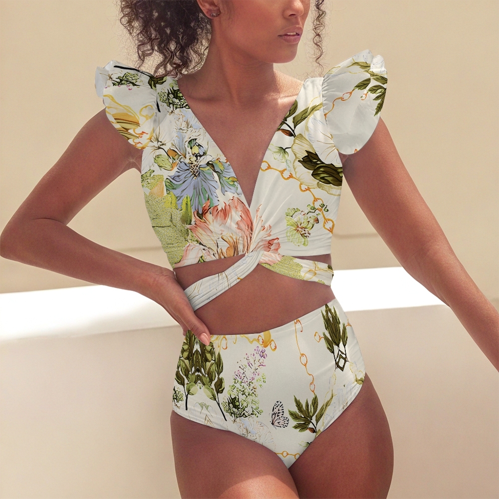 Floral Butterfly Print Deep V Ruffle with Twisted Front Bikini and Sarong Skirt