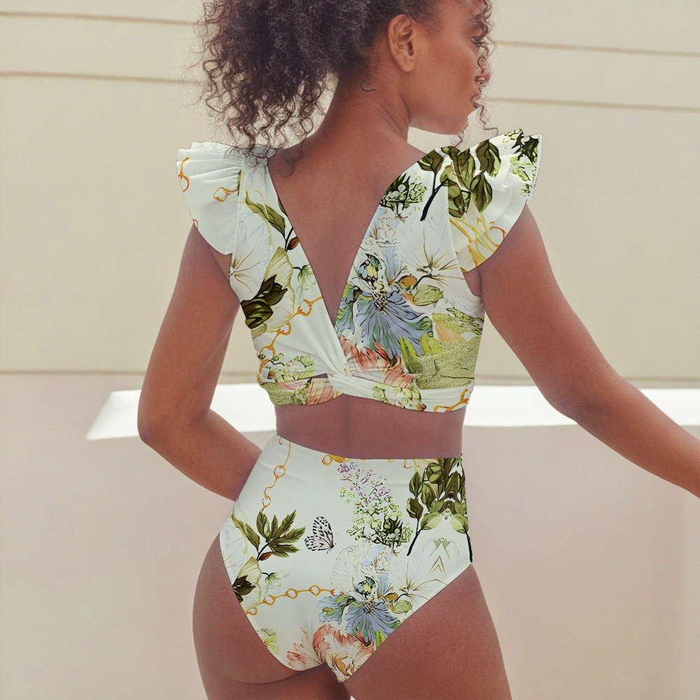 Floral Butterfly Print Deep V Ruffle with Twisted Front Bikini and Sarong Skirt