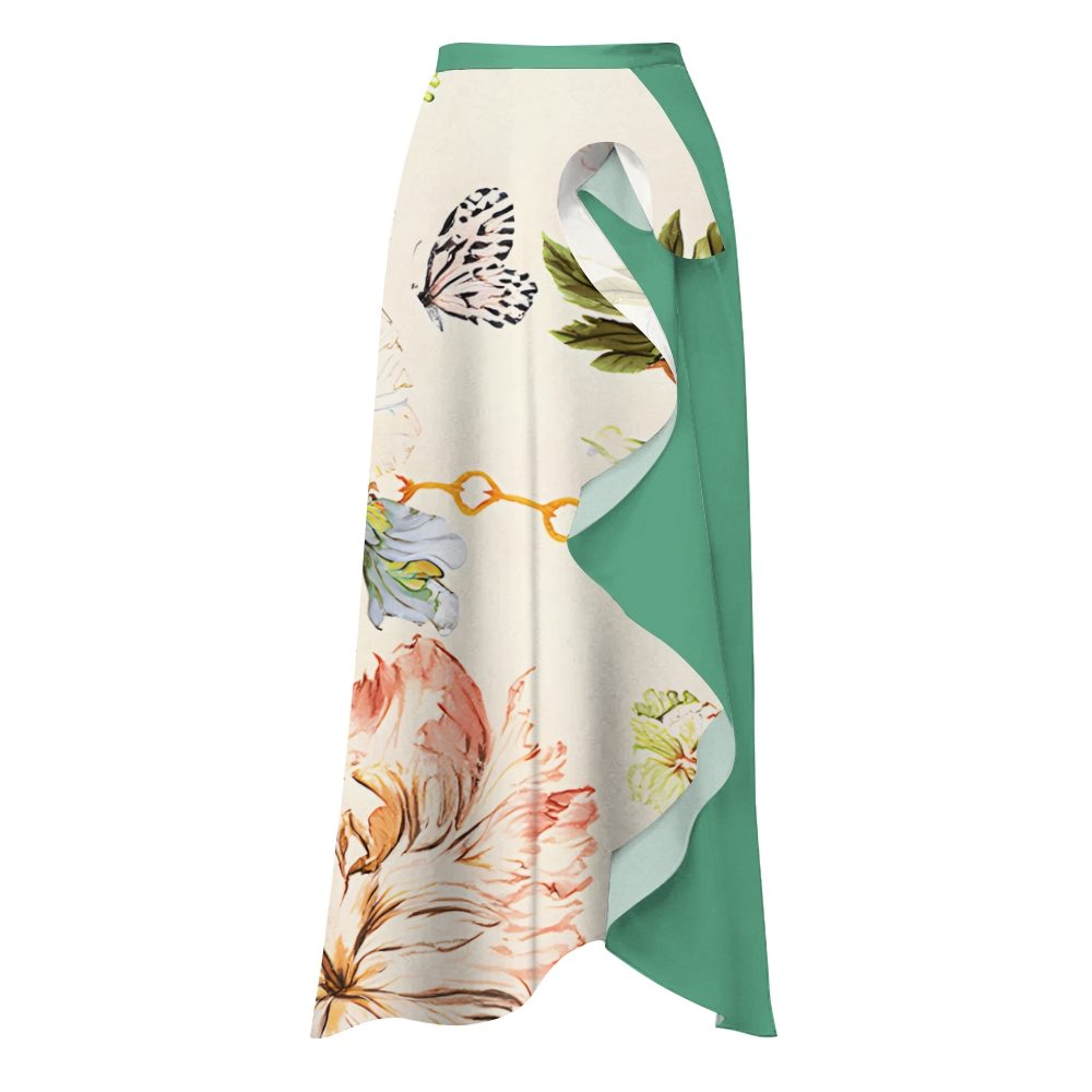 Floral Butterfly Print Deep V Ruffle with Twisted Front Bikini and Sarong Skirt