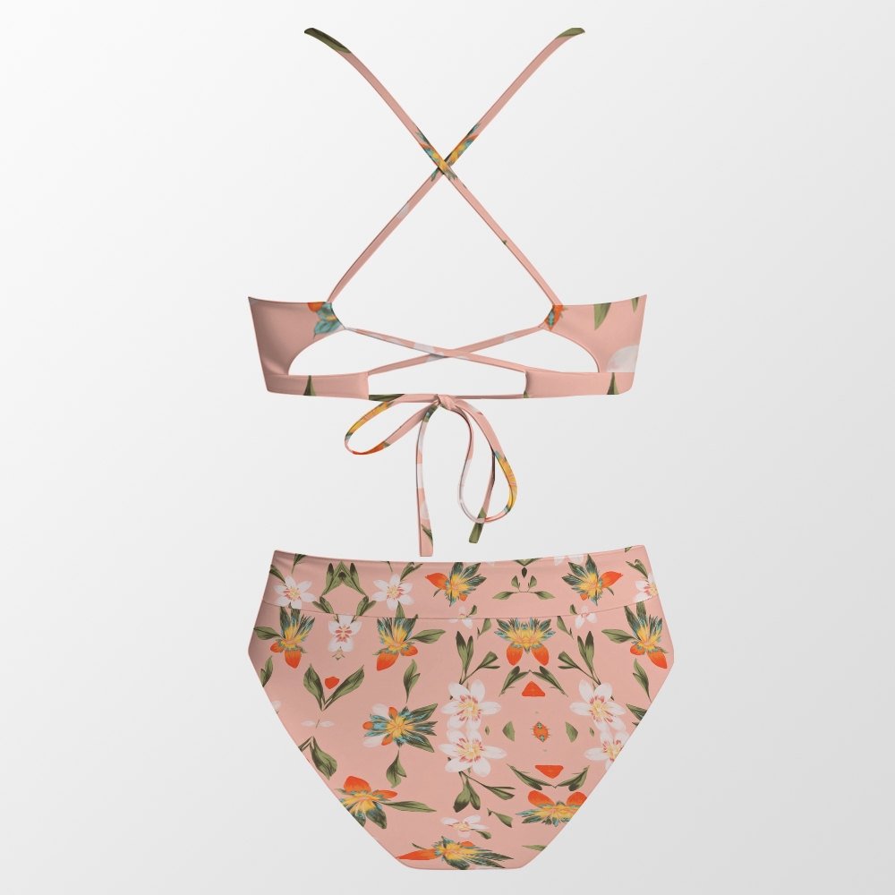 Scalloped Bikini Set with High-Waisted Bottoms and Floral Wrap Skirt
