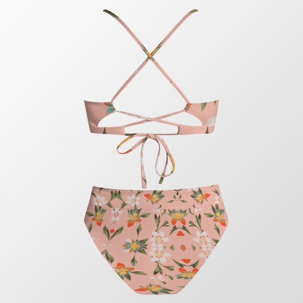 Scalloped Bikini Set with High-Waisted Bottoms and Floral Wrap Skirt