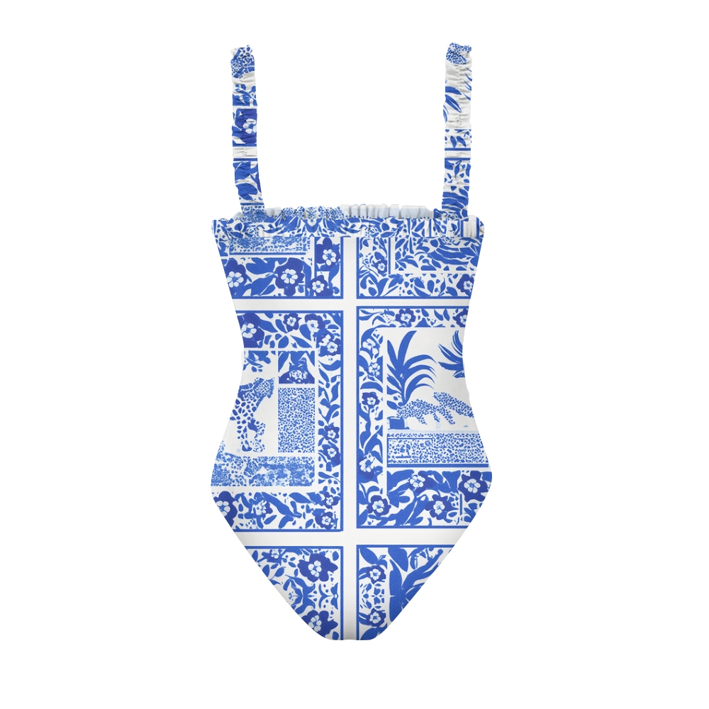 Geometric Floral Print Straight Neckline One-Piece Swimsuit with Tie-Front Cover-Up