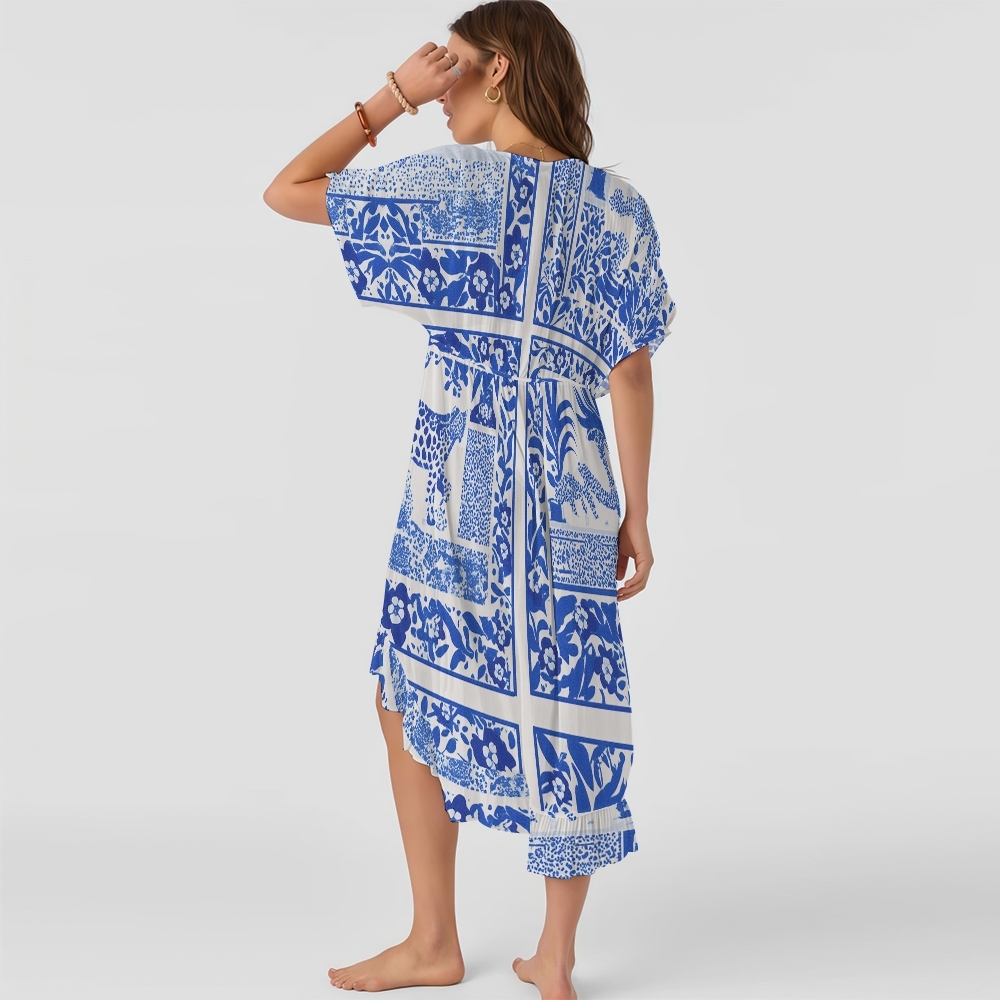 Geometric Floral Print Straight Neckline One-Piece Swimsuit with Tie-Front Cover-Up