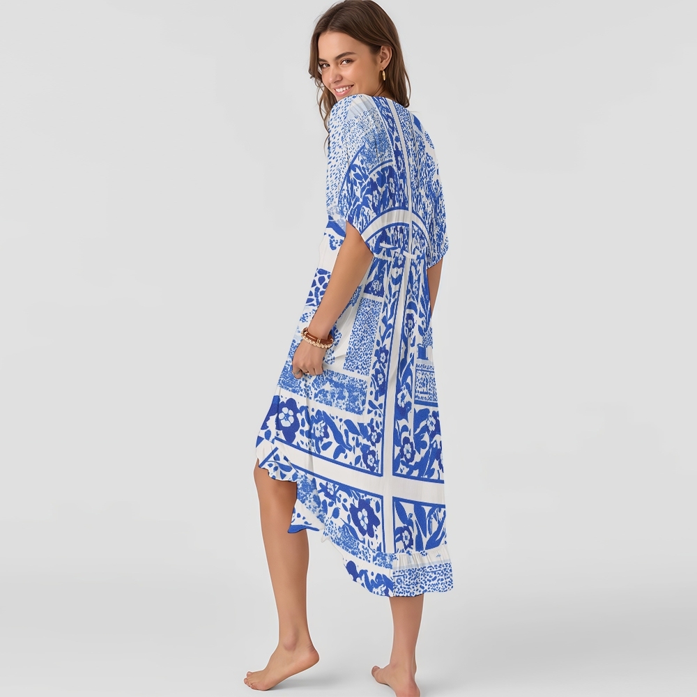 Geometric Floral Print Straight Neckline One-Piece Swimsuit with Tie-Front Cover-Up