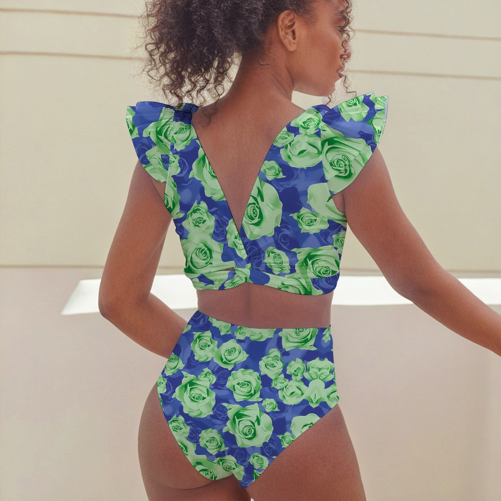 Floral Puff Sleeve V-Neckline One-Piece Swimsuit with Cutout Waist