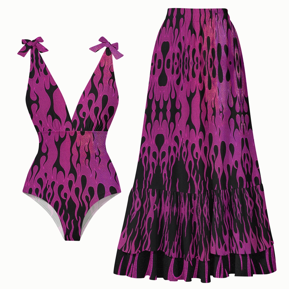 Women's Hologram Flame One-Piece Swimsuit and Matching Maxi Skirt