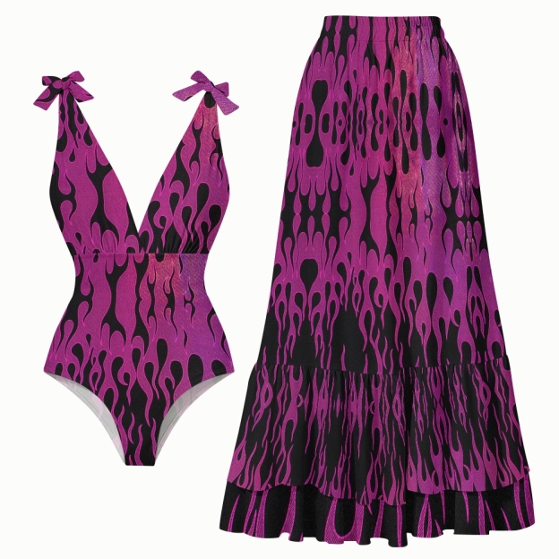 Women's Hologram Flame One-Piece Swimsuit and Matching Maxi Skirt