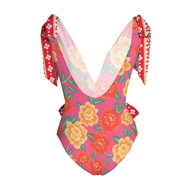 Tropical Floral One-Piece Swimsuit with Matching Sarong Skirt