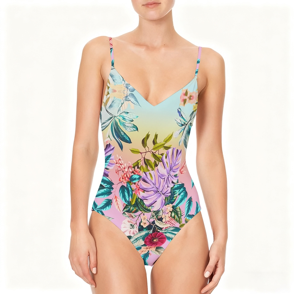 Tropical Gradient Floral One-Piece Swimsuit with Matching Sarong Skirt