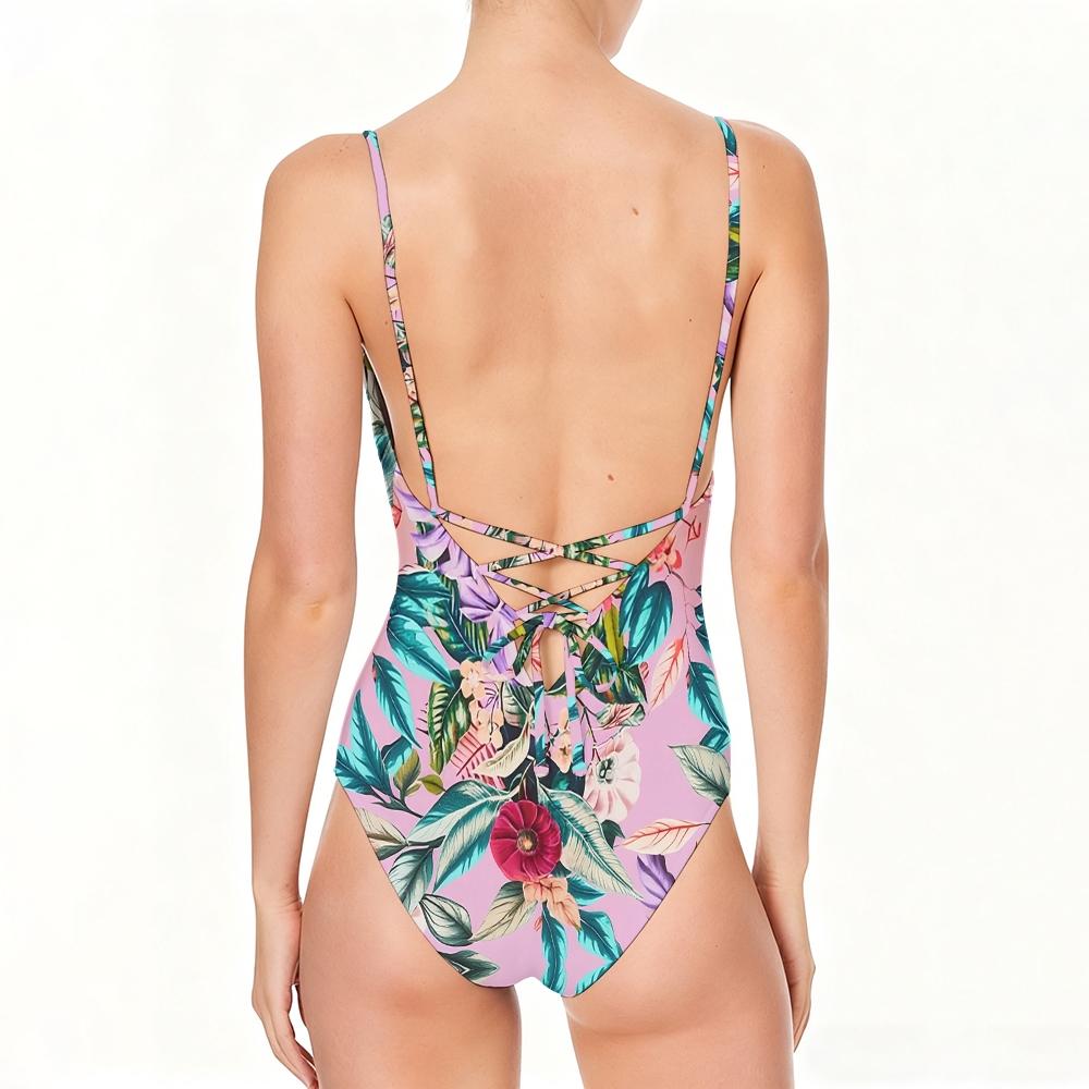 Tropical Gradient Floral One-Piece Swimsuit with Matching Sarong Skirt