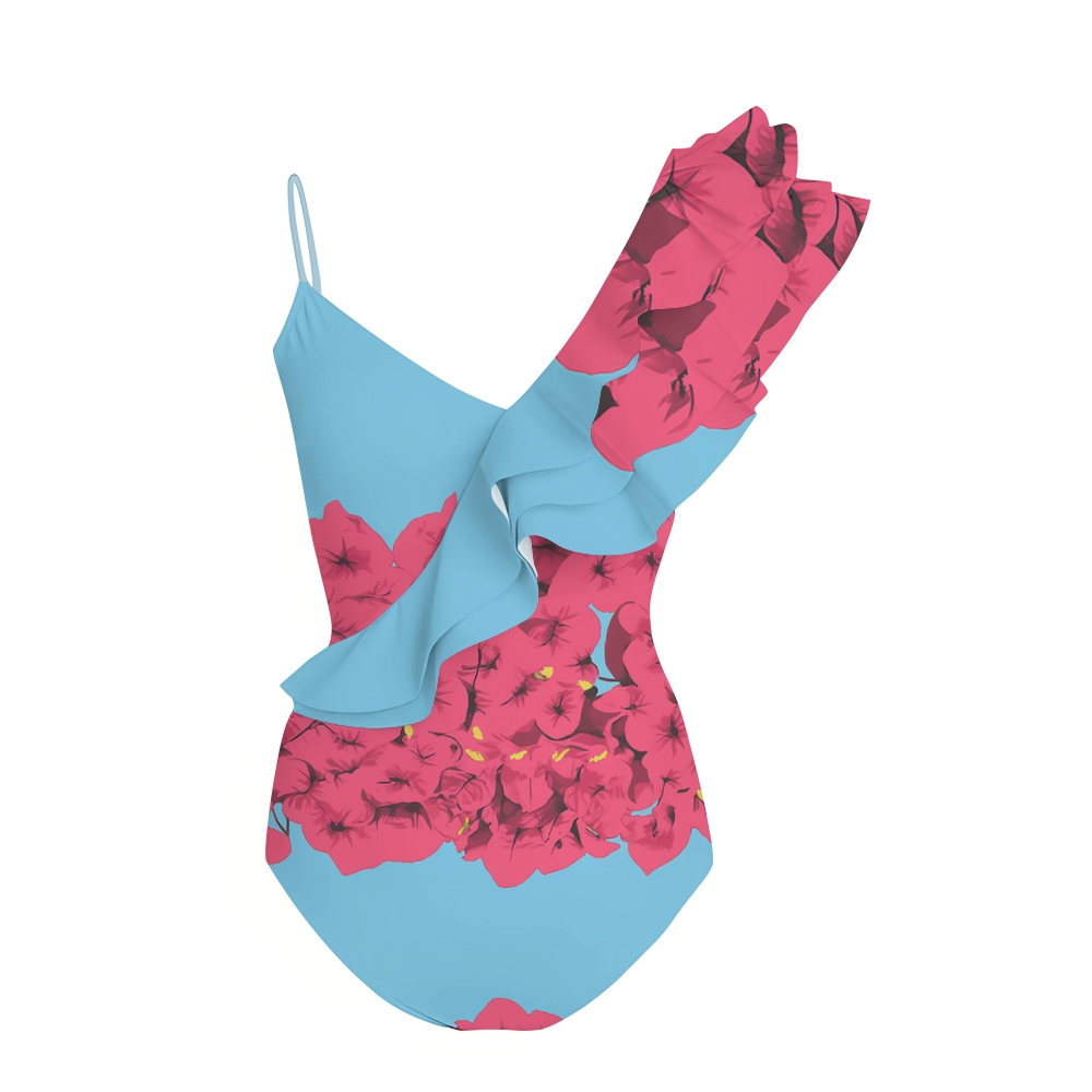 Ruffled Asymmetrical One-Piece Swimsuit with Floral Sarong Skirt