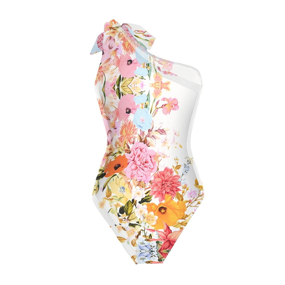 Floral One-Shoulder One-Piece Swimsuit and Wrap Sarong Skirt
