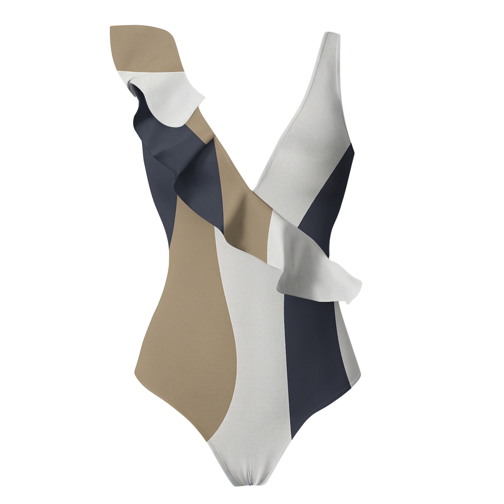 Modern Abstract Geometric One-Piece Swimsuit with Wrap Sarong Skirt