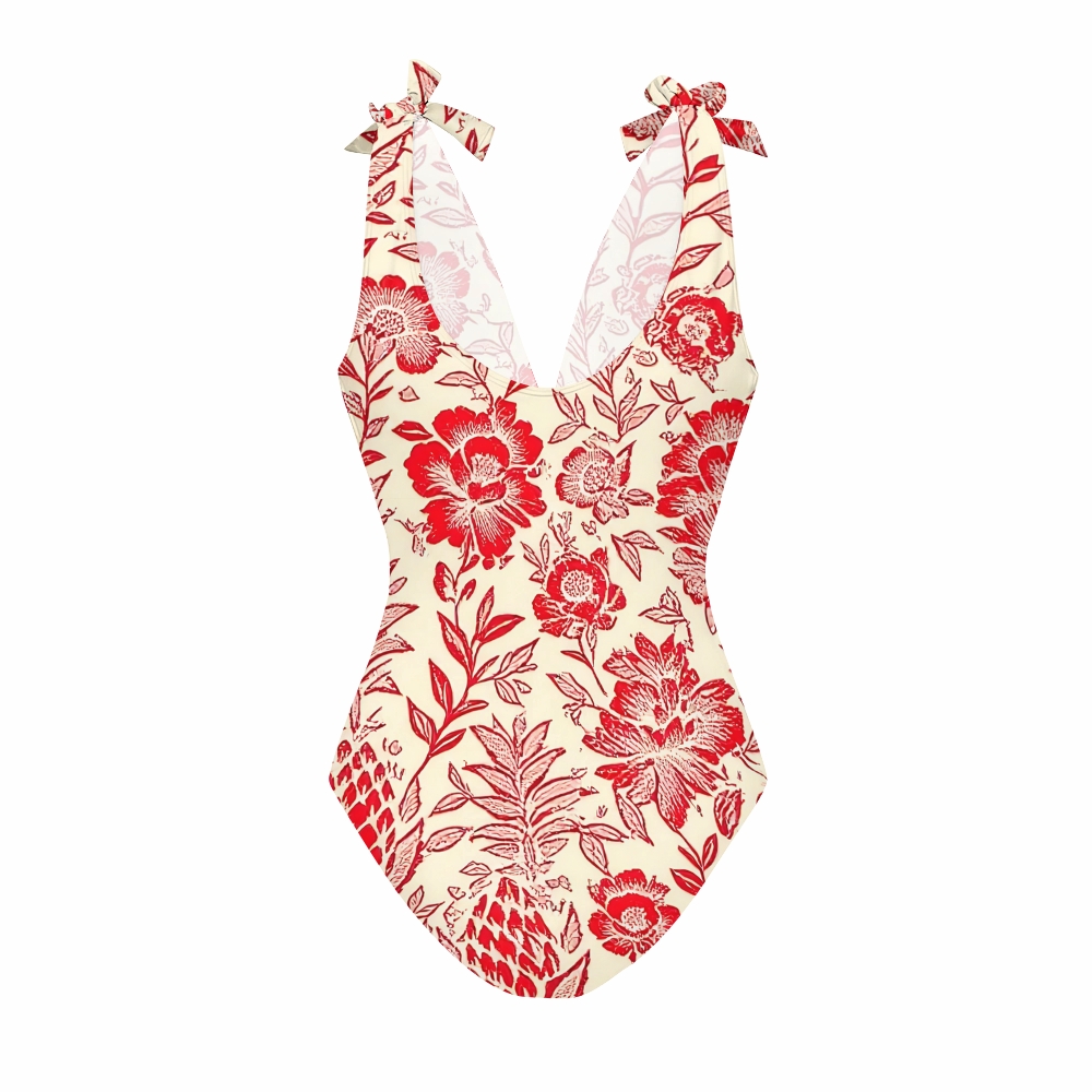 Romantic Red Blossom Print One-Piece Swimsuit and Matching Maxi Skirt