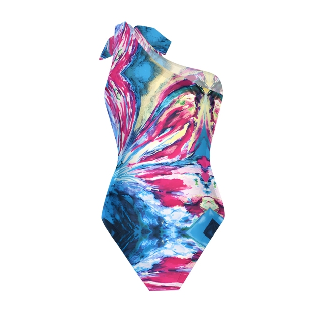 Abstract Print One-Shoulder One-Piece Swimsuit with Matching Sarong Skirt