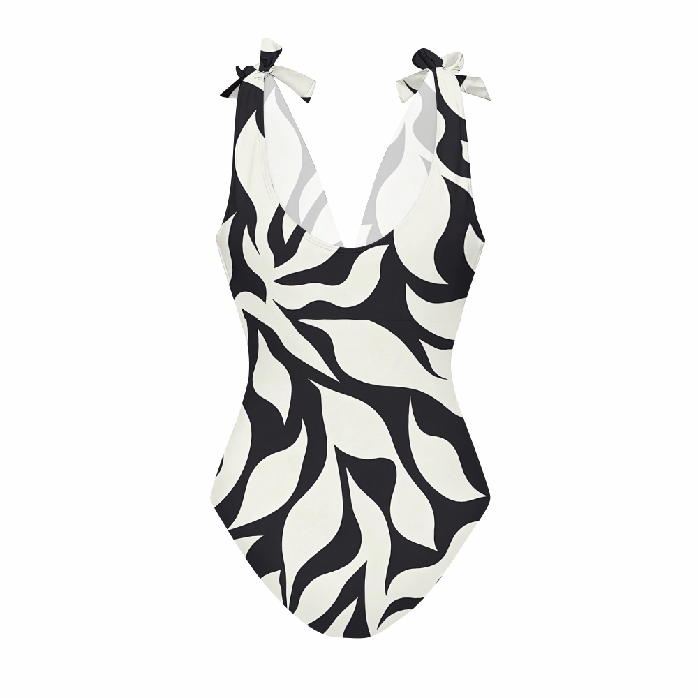 Modern Artistic Geometric Wave Print One Piece Swimsuit with Matching Maxi Skirt