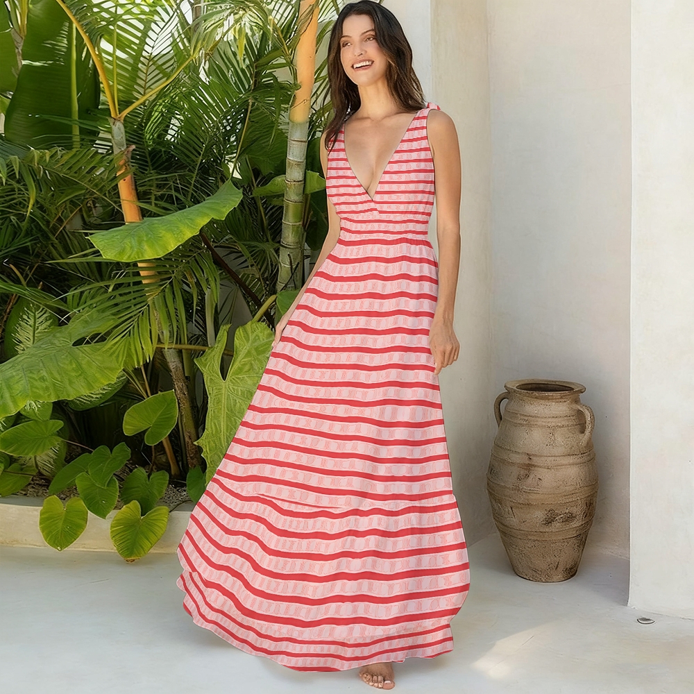 Women's Red Striped Printed One-Piece Swimsuit and Matching Maxi Skirt