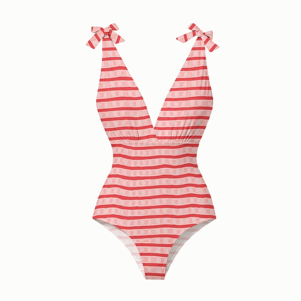 Women's Red Striped Printed One-Piece Swimsuit and Matching Maxi Skirt