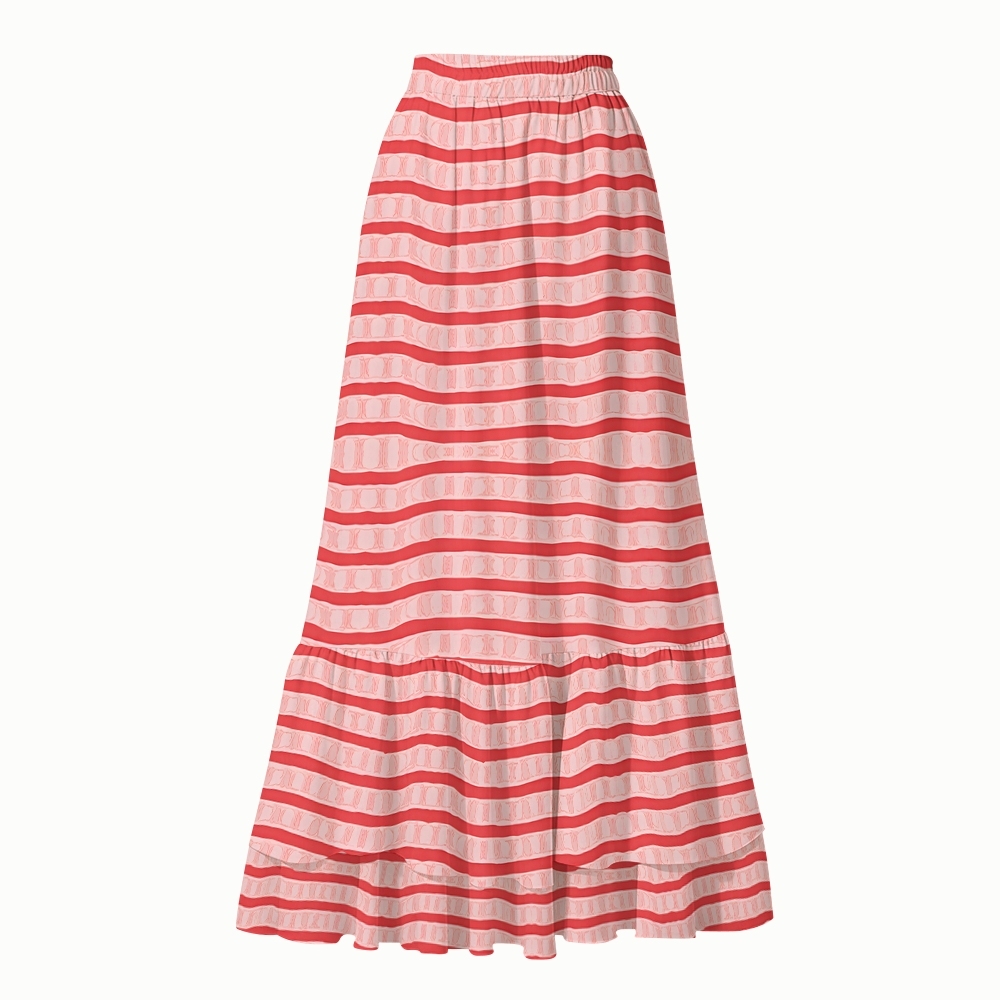 Women's Red Striped Printed One-Piece Swimsuit and Matching Maxi Skirt